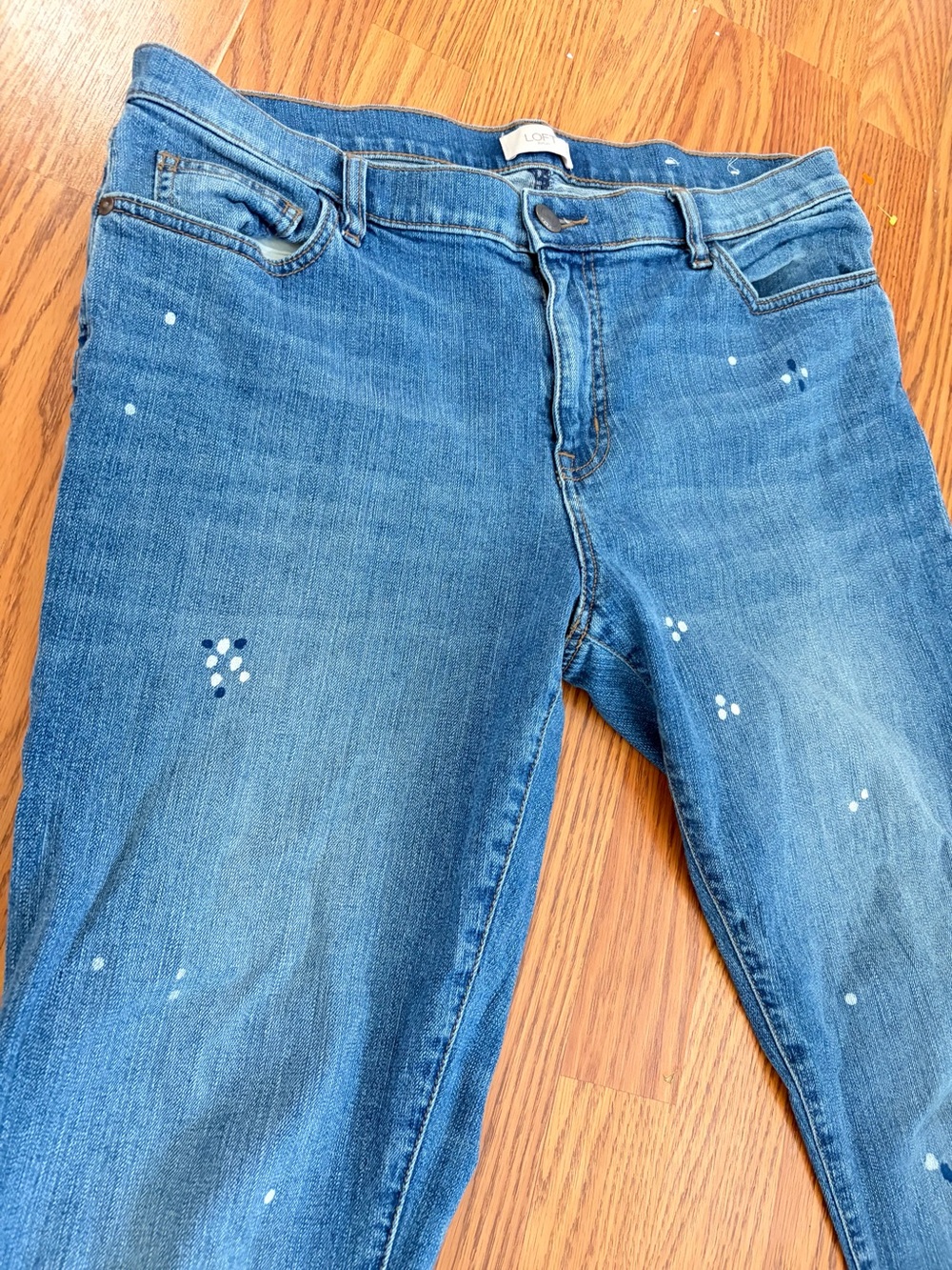LOFT Blue Straight-Leg High-Rise Jeans with Paint Speckle - Picture 3 of 12